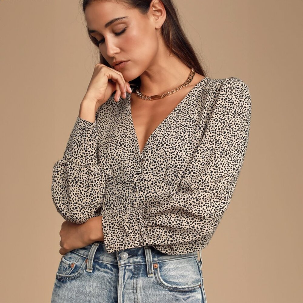 Cheetah-Print Long Sleeve Button-Up Top from Lulus - Size Medium
